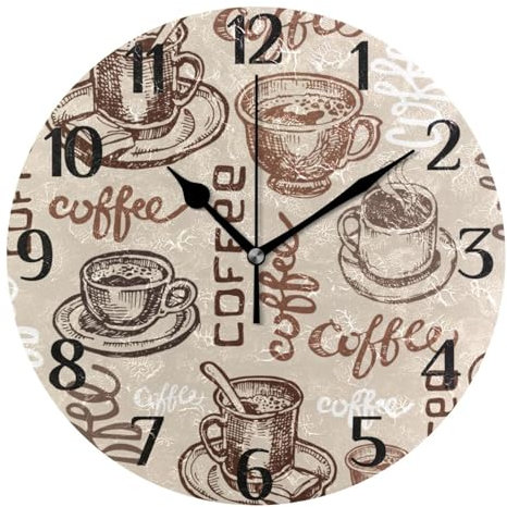 Mnsruu Clock Coffee Brown Coffee Cup Retro Wall Clock Silent Non-Ticking Round Wall Clock 25cm Easy to Read Decorative Clocks for Living Room Dinning Kitchen Home Battery Operated