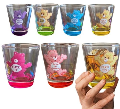 Swear Bears Schnapsgläser, Care Bear Schnapsgläser mit Swears, lustiges isoliertes Schnapsgläser-Set für Cocktail, Whiskey, Reisen, Bar, 6-teilig