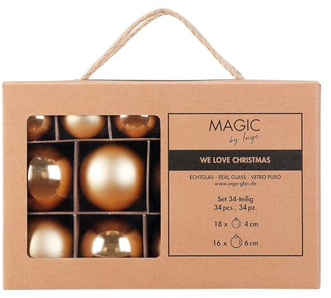 Inge Glas Weihnachtskugeln | Große Kugelbox mit 34 Kugeln | 4cm & 6cm große Christbaumkugeln (Inkagold | Gold)