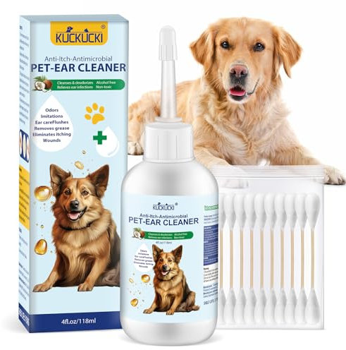 KUCKUCKI Nettoyant Oreilles Chien et Chat 118ml, Solution Nettoyante pour Les Oreilles de Inflammations & Infections Démangeaisons, Mauvaises deurs, Soin des Oreilles pour Animal avec 10 Cotons-tiges