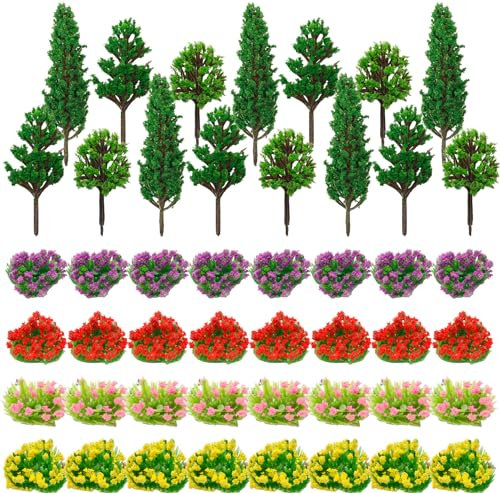 Warmtree 47 Stück Mini-Modellbäume, bunte Miniatur-Blumen-Cluster, 32 Miniatur-Blumen, 15 gemischte Miniatur-Bäume, Miniatur-Feengarten-Baum, Pflanze, Zug, Landschaft, Militär-Layout, Modell-Dioramen