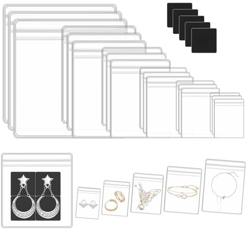 Fangoo Lot de 240 bandes anti-ternissement avec sac de rangement transparent pour bijoux, 120 sacs d'emballage de bijoux auto-adhésifs en 6 tailles différentes et 120 bandes anti-ternissement pour le