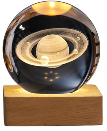 USB 3D LED Kristallkugel Nachtlicht mit Holzsockel, 2 in 1 Nachtlicht Projektor, Planet Tischdeko Nachtlampe Deko Lampe, Erwachsene Kinder Geschenk (Saturn mit Quadrat Holzsockel)