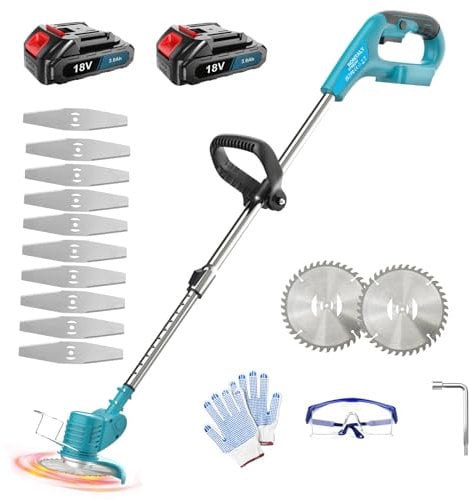 18V Cordless Strimmer, Compatible with Makita 18V Battery, w/ 12PCS Blades, 2 x 3.0Ah Battery & Charger, 90° Head pivots, Retractable handle, Electric Garden Strimmers Lawn Edger Tool
