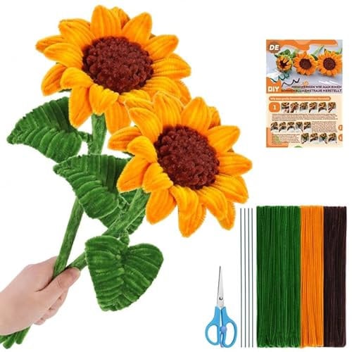 Riddur Pfeifenreiniger Blumen, Sonnenblumen Pfeifenputzer zum Basteln, Pfeifenputzer Rot mit 190 Stück Pfeifenputzer mit 3 Farben, Anleitung, Schere, 4 Stück Blumendraht Pfeifenputzer