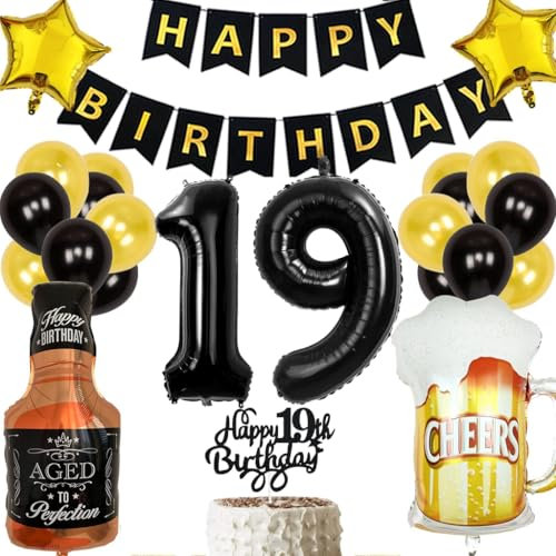 Anlgdi Geburtstagsdeko 19 Jahre Junge Mädchen, Ballon 19. Geburtstags Deko Junge, Schwarz Tortendeko Geburtstag 19 Jahre Junge, Helium Ballon Whiskey Bierglas für 19. Geburtstag Junge Party Dekoration
