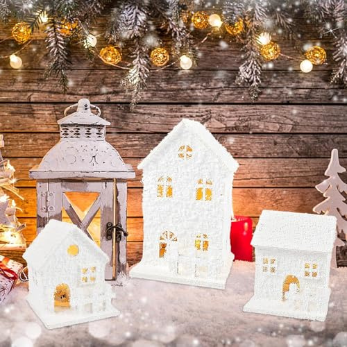 Funmo Weihnachtsdorf Mit Beleuchtung 3 Stück Weihnachtsdorf Holzhäuser Weihnachtshäuser mit Lichtern Christmas Wooden Illuminated House Inklusive Batterien Weihnachtsdeko Winter Deko Weihnachts