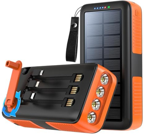 Portable Charger Power Bank 30000Mah Large Capacity, Solar Power Bank with Build in 3 Cables & Flashlight, Hand Crank Power Bank Battery Pack for Outdoor Camping Survival Gear,Orange