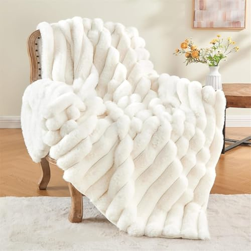 LINGKY Kuscheldecke Flauschig Decke 130x160 Weiß, Kaninchen Kunstfell Decke Plüsch, Wohndecke Dick Flanell Couchdecke Warme Überwurfdecke Sofadecke Blanket für Bett Sofa Schlafzimmer Büro