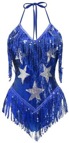 ABAFIP Damen Tanzbody mit Pailletten, Fransen, Neckholder, V-Ausschnitt, glitzernde Quaste, Gymnastikanzug, Rave, Festival, Outfits, Königsblau, M