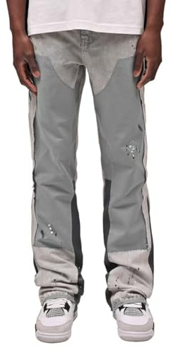 MILANG Baggy Jeans da Uomo, Pantaloni in Denim con Patchwork e Schizzi d’Inchiostro, Streetwear Larghi Y2K Flared Jeans Stile Hip Hop