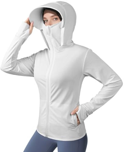 AUYAO Damen Laufjacke UV 50+ Atmungsaktive Sportjacke Langarm Gym Top mit Tasche Sportshirt mit Reißverschluss Sportliches Sonnenschutzoberteil mit abnehmbarer Krempe für Fitness Joggen Tennis(Weiß,L)