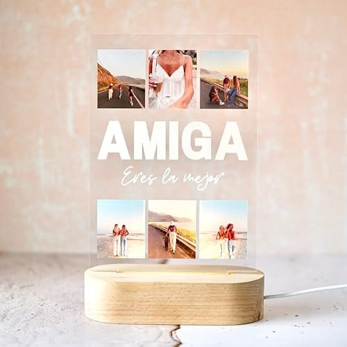 Cristal Plaque Lámpara LED 6 fotos personalizada AMIGA en medio y dedicatoria – Metacrilato Premium y Base de Madera – Regalo Original para Cumpleaños, Bodas y Aniversarios