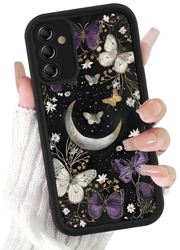 Kivlclri Handyhülle für Samsung Galaxy A53 5G Hülle 6,7, Aesthetic Lila Schmetterlinge Mond Muster Motiv Design für Mädchen Schutzhülle Kameraschutz Stoßfest Weiche Bunt Schwarz Silikon TPU Case