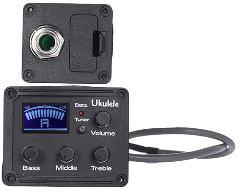 Ukulele Piezo Tonabnehmer Equalizer Schwarz, mit LCD Display 3-band | Kunststoffgehäuse, Digitales Tuner System, 20hz bis 20khz Frequenzgang, für Gitarre und Ukulele