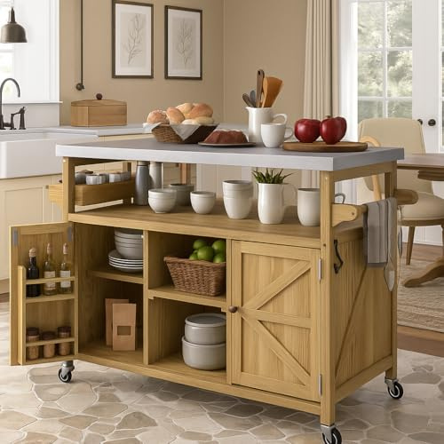 JewMOTO K&K Outdoor Kitchen Island, Rolling Bar Cart & Storage Cabinet, Farmhouse Solid Wood Outdoor Grill Table with Stainless Steel Top, Spice Rack, Towel Rack for Kitchen & BBQ, Natural