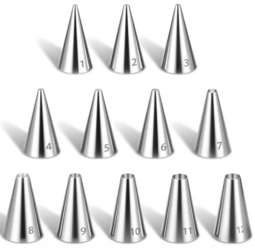 12 Stück Spritztüllen Set, Große Spritztüllen für Spritzbeutel, Edelstahl Professionelle Lochtülle, Tüllen für Spritzbeutel, Creme Kuchen Backen, Dekorationswerkzeug Cupcakes und Torten