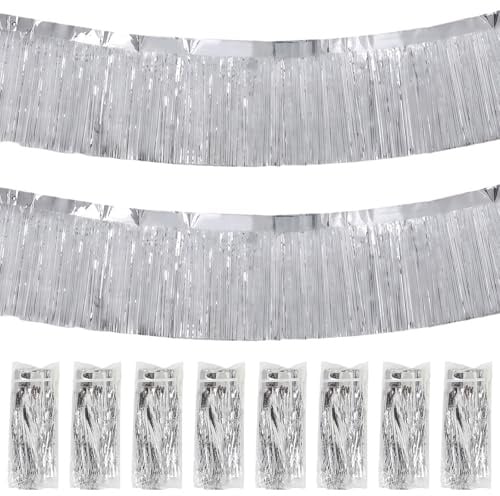 KASURE 8 Packs Metallic Foil Fringe Garland Silver Lametta, Wandbehang, Glitzer Vorhang, Partydeko, Lametta Fransen Girlande Silber für Mottoparty, Geburstag, Hochzeit Parade Floats Ostern 30cm x 24m