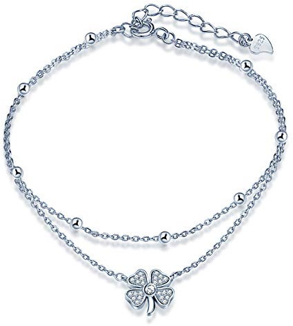 Yumilok Bracelet de cheville, Bracelet de cheville pour femme fille, en 925 argent, bracelet de trèfle, avec les perles, double chaînes, couleur d'argent