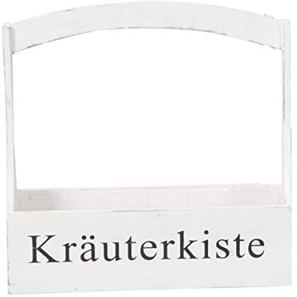ETC dekorativer Pflanzkasten Kräuterkasten Pflanzschale mit Bügel und schwarzem Aufdruck KRÄUTERKISTE Holz Shabby weiß (klein ca. 31 cm lang)