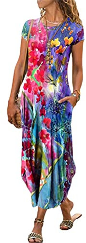 Minetom Donne Abito Lungo Vestito Manica Corta Estivo Casual Floreale Fiori Spiaggia Vacanza Abiti con Tasche Viola L