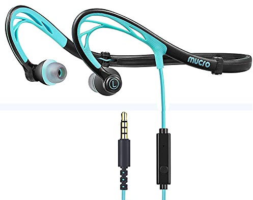 Mucro Sport Headphones Wired Over Ear Running Earphones with Microphone, Foldable Wrap Around Neckband Sports Earbuds for Night Jogging Gym Workout - with Case, 3.5mm Plug