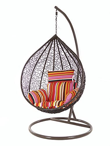 KIDEO®Komplettset: XXL Hängesessel mit Gestell & Kissen, Korbsessel, Poly-Rattan, braun, groß (Kissen: Nest bunt gestreift [3450 Lollipop])