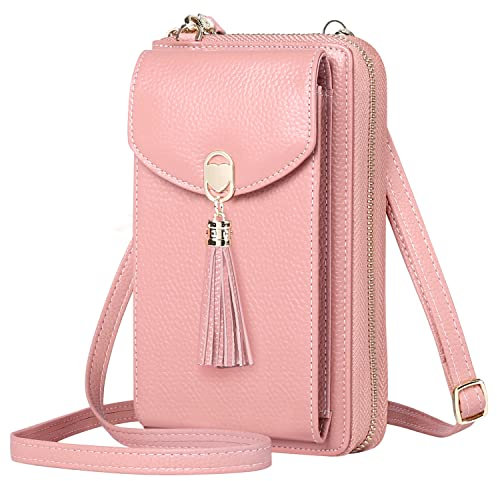 BTNEEU Crossbody Phone Bag Women RFID Blocking Genuine Leather Mobile Phone Bag with 12 Card Slots Multi Compartment Cell Phone Wallet with Zip Coin Pocket Small Shoulder Bag Purse Handbag (Pink)