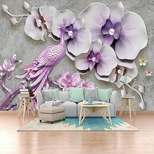 YXTSmurals Fond D'Écran 3D Mural Violet Fleur Animal Paon Papier Peint Intissé Tapisserie Murales Panoramique 3D Mur De Fond Tv Papier Peint Poster Murales