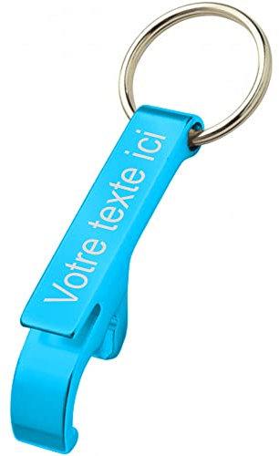 Porte clé en métal couleur Alu décapsuleur personnalisable - Gravure Laser Bleu