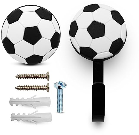 DOJA Barcelona | Möbelknöpfe Kinder + Kinderkleiderbügel | 8 Schrankknöpfe Kinder Fussball und 8 Kinder-Wandhaken Fussball | Aus Gummi und Zink-Aluminium | Kleiderhaken und Schubladenknöpfe