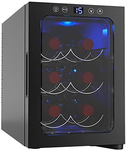 6 Bottle Wine Thermo Electric Wine Cooler, Chiller Counter Top Wine Cellar with Digital Temperature Display, Freestanding Refrigerator Smoked Glass Door Quiet Operation Fridge