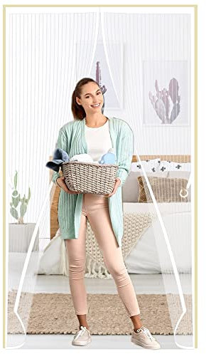 Tenda Magnetica zanzariera, 75 x 205 cm Zanzariere Scorrevoli, Resiste al Vento e ai Raggi UV per Porte Finestre Balcone, Bianco