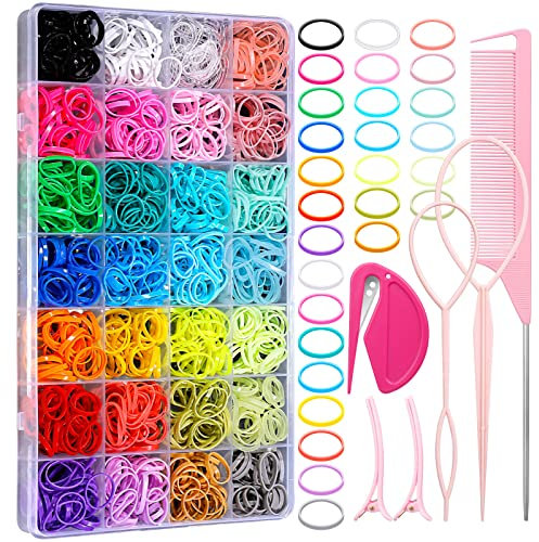 1500 Stück Klein, Elastisch Mini Haargummis - 28 Farben, Haar Band mit Veranstalter Kasten, Haarspangen, Cutter, Haarschwanz-Werkzeuge, Kamm für Mädchen & Dame Puppe Haarstyling