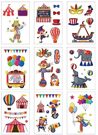 CREATCABIN 9 Blatt Zirkus Karneval Tiere Fensteraufkleber Clown Vergnügungspark Fensteraufkleber Aufkleber Wasserdicht Für Glasfenster Türen Party Treppe Wand Klassenzimmer Heimdekorationen 30x19.5cm