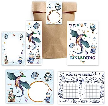 Minkocards 12 Einladungskarten zum Kindergeburtstag Junge Ritter incl. 12 Umschläge, 12 Tüten/natur, 12 Aufkleber, 12 Lesezeichen, 12 Blöcke, 12 Schiffe versenken