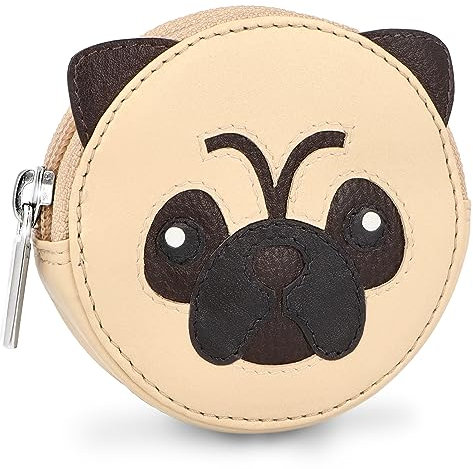 Lederow Mops Geldbörse Damen klein Leder mit Schlüsselring inkl. Geschenkbox - Mini Portmonee Münzbörse Frauen Kinder für Schlüssel und Münzen - Echtleder Kindergeldbörse Mops Beige
