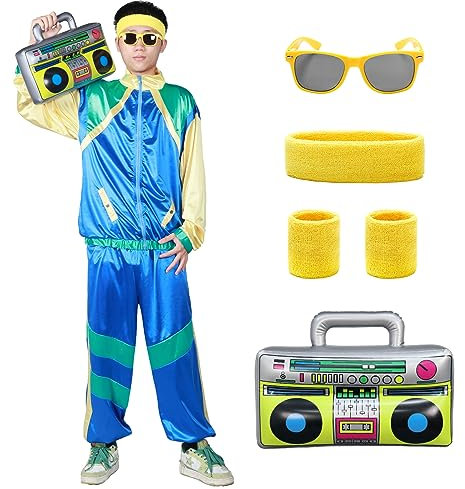 Alaiyaky 90er 80er Jahre Outfit, Retro Jogginganzug Herren Damen 80er Trainingsanzug mit Hose Anzug Schweißbänder Brille Ghettoblaster, 80er Kostüm Bad Taste Outfit für Karneval Faschings (M, Blau)