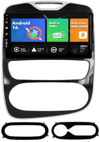SXAUTO - Built-in DAB - Android 16 IPS Autoradio für Renault Clio 4 (2016-2019) - Eingebaut Carplay/Android Auto - Kamera + MIC - 4G+64G - AHD 360-CAM Lenkradsteuerung Fast-boot WIFI - 2 Din 10.1 Zoll