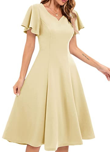 Wedding Guest Dresses for Women Formal Cocktail Homecoming Dress with Ruffle Short Sleeves Elegant Midi Swing A-Line Evening Party Dress for Modest Church Graduation, Champagne M