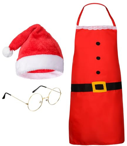 Hestya 3 Stück Weihnachtsschürze mit Mütze Set Weihnachtsmann Kostüm für Erwachsene inklusive Kochschürze Weihnachtsmütze Brille Koch Outfit für Party Feier Küche Deko Cosplay