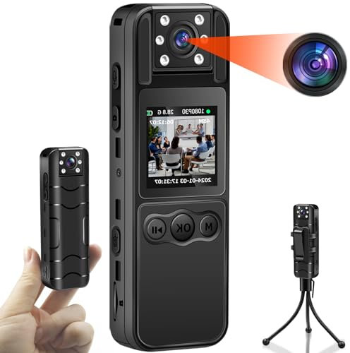 SecuraLen Mini Kamera, 1080P HD mit Audio und Video, 180° Drehbares Objektiv Mini Body Camera, Nachtsicht Automatischer Bildschirmdrehung Videokamera Body mit OTG-Funktion für 7 Stunden Mit