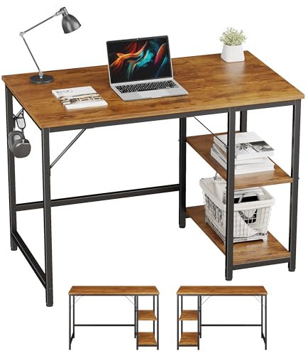 JOISCOPE Schreibtisch, Computertisch, Bürotisch, mit doppelten umkehrbaren Seitenablagen und Kopfhörerhaken für Heimbüros, Firmenstudio, kleine Räume, 100x60cm, aus Altholz