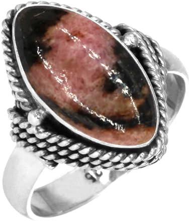 Jeweloporium Real Rosa Rhodonit in schwarzem Mangan 925 Silber Ringe für Frauen Edelstein viktorianisch Silber Ringe Größe 54(17.2) Neujahr Geschenk Handgefertigt Schmuck