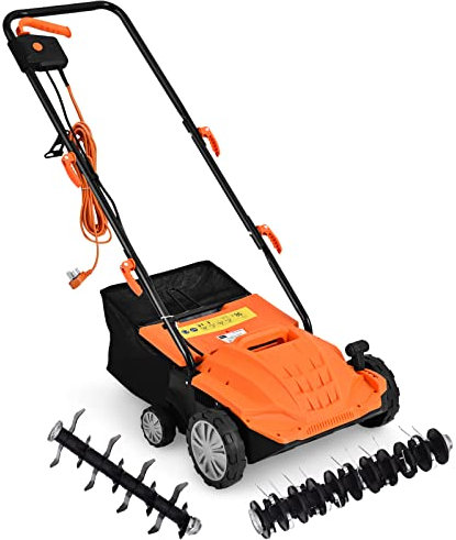COSTWAY Scarificateur de Pelouse Électrique 2 en 1 de 12A, avec Verrouillage de Sécurité Profondeur à 3 Niveaux Sac de Ramassage de 30 L, Casseurs et Perforateurs Filaire avec 2 Lames (Orange)