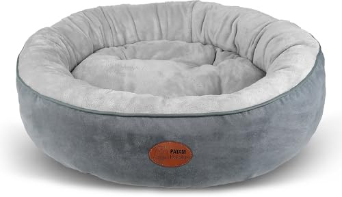 PATAM Hunde- und Katzenbett für Hunde und Katzen, rund, mit gepolsterten Kanten, universell für alle Jahreszeiten, rutschfest, abnehmbar, maschinenwaschbar – Fufi Grau, Extragroß 81 cm