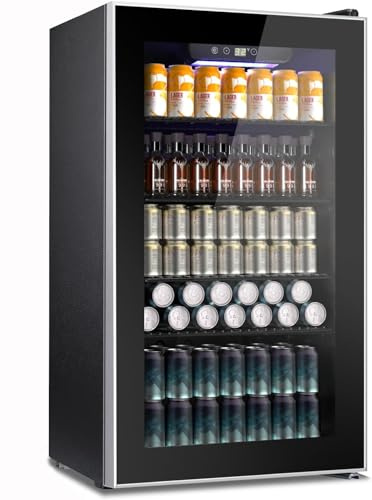 Kndko - Beverage Cooler - 130 Can Mini Fridge with Adjustable Shelves, Glass Door, Digital Temperature Control, LED Lighting, Energy Efficient for Home,