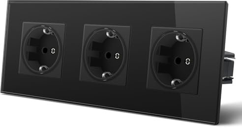 MVAVA Enchufe Schuko Estándar UE Enchufe empotrable con placa de cristal de 3 compartimentos Fácil instalación Requiere 3 cables Negro