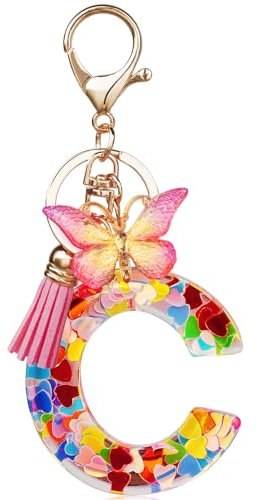 OSDUE Porte-clés avec Initiales pour Filles et Femmes, Porte-clés Lettre C en Résine, avec pendentif papillon et pampille, pour Femmes Filles Portefeuilles Sac à Main Charme