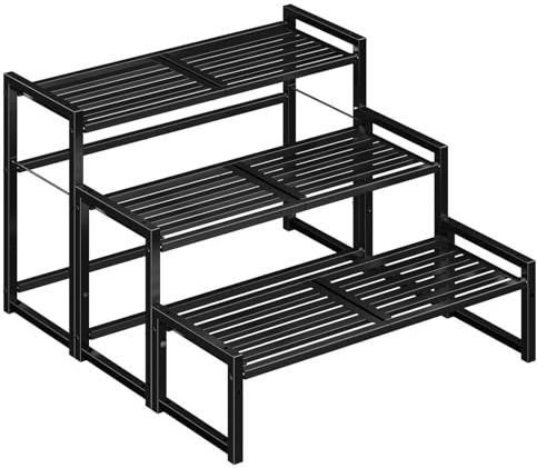 Ekisemio 3-stöckiger Pflanzenständer aus Metall, strapazierfähig, wasserdicht, für drinnen und draußen, stapelbares Regal, hoher Blumentopfhalter und Präsentationsregal für Garten, Schwarz